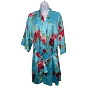 Linea Donatella Women's size L Turquoise/Pink Roses Satin Kimono Robe Waist Ties